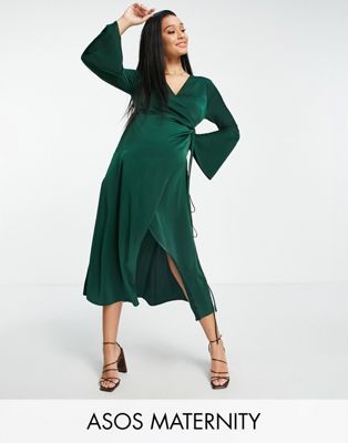 Зеленое атласное платье миди с запахом, расклешенными манжетами и завязками ASOS DESIGN Maternity ASOS Maternity