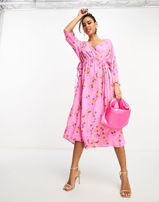 Розовое платье миди со сборками по бокам Y.A.S с цветочным принтом Y.A.S