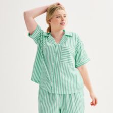 Пижамный топ больших размеров Sonoma Goods For Life® в полоску с воротником из поплина и вырезом и короткими рукавами SONOMA