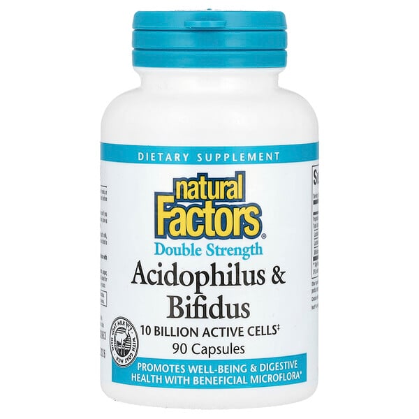 Acidophilus & Bifidus, Двойная сила, 10 миллиардов активных клеток, 90 капсул Natural Factors