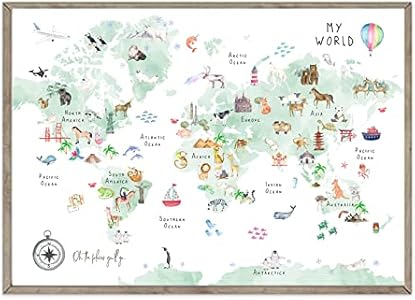 Green Kids World Map Wall Art Animal Map Canvas Wall Art Educational Wall Art Nursery Wall Decor World Map Poster Childrens Room Decor Playroom Prints 16x24 Inch Unframed Joocrise