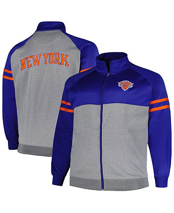 Мужская спортивная куртка реглан во всю длину, синяя, серо-хизеровая, New York Knicks, с большой и высокой полоской, на молнии Fanatics