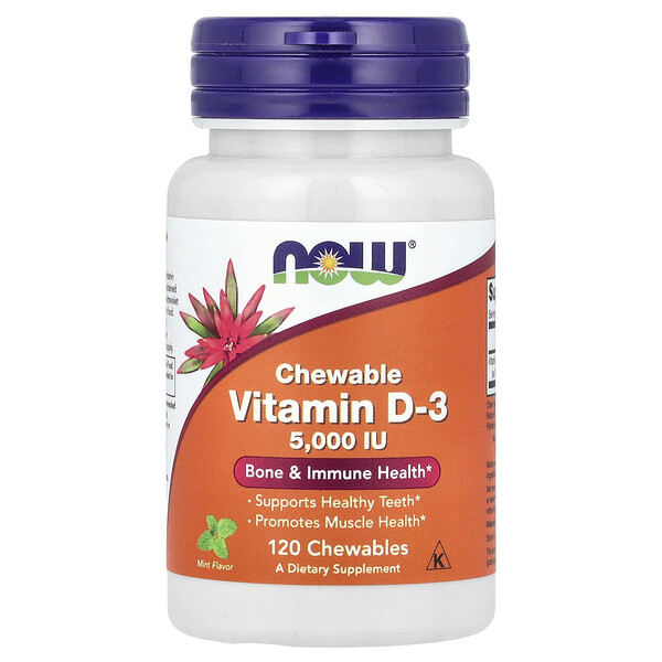 Витамин D-3, Жевательный, Натуральный Мятный вкус - 5000МЕ - 120 жевательных таблеток - NOW Foods NOW Foods