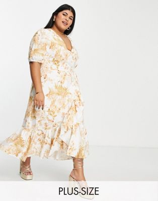 Ever New Curve puff sleeve wrap midi dress in ivory and gold floral Ever New Curve