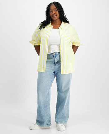 Plus Size Stripe Relaxed-Fit Button-Up Shirt, Created for Macy's On 34th