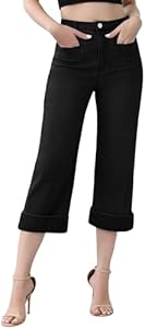 Genleck Capri Wide Leg Jeans for Women High Waisted Boyfriend Stretchy Straight Trousers Pants with Pockets Trendy Genleck