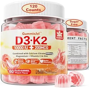 Sugar-Free Vitamin D3 K2 Filled Gummies 5000IU / 10,000 IU with 500mg Calcium + K2 (MK-7) 200mcg, Magnesium Citrate, Vitamin C, Extra Strength - Ultimate Absorption for Bone Muscle Teeth Immune, Vegan LILICARE