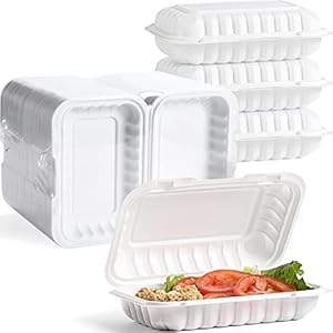 YANGRUI To Go Containers, Reusable 65 Pack 7.8 Inch BPA Free Black Clamshell Food Containers 30 oz Shrink Wrap 3 Compartment Freezer and Microwave Safe MFPP Take Out Containers YANGRUI