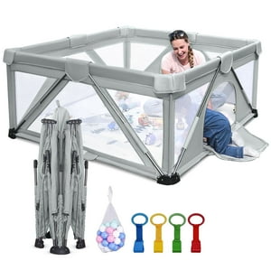 Baby Playpen Foldable, Heyo.Ja Large Play Yard, Playpen for Babies and Toddlers, Cold Gray Playpen Heyo.Ja