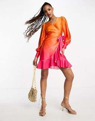 Оранжево-розовое атласное платье мини с запахом и эффектом омбре Style Cheat Style Cheat
