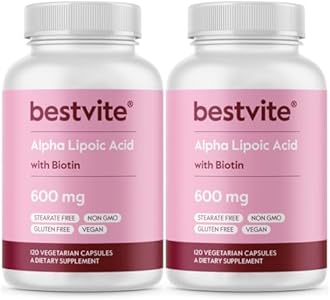 BESTVITE Alpha Lipoic Acid 600mg (per Capsule) with Biotin to Enhance Absorption (120 Vegetarian Capsules) No Fillers - No Stearates - No Flow Agents Bestvite