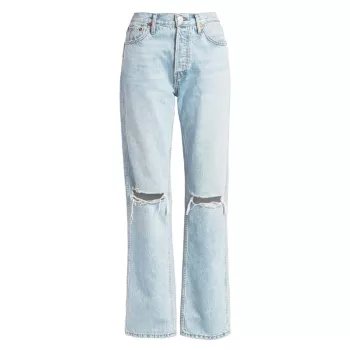 Свободные джинсы с высокой посадкой и рваными коленями Re/Done