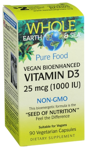 Whole Earth & Sea Веганский биоусиленный витамин D3 — 1000 МЕ — 90 вегетарианских капсул Natural Factors
