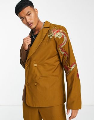 Liquor N Poker oversized double breasted suit jacket in spliced brown with placement dragon print Liquor N Poker