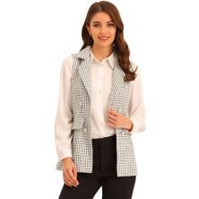 Женский клетчатый твидовый пиджак с лацканами и открытой передней частью без рукавов, жилет с карманом ALLEGRA K