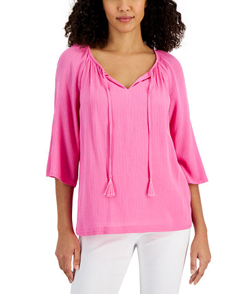 Women's Split-Neck 3/4 Sleeve Tasseled-Tie Top, Created for Macy's J&M Collection