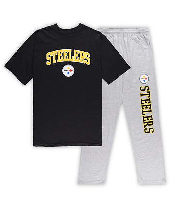 Мужской комплект для сна с футболкой и брюками Pittsburgh Steelers Big and Tall черного и серо-хизерового цвета Concepts Sport