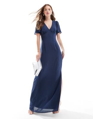 Pretty Lavish Bridesmaid flutter sleeve maxi dress in midnight navy Pretty Lavish