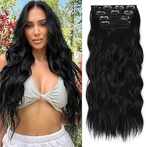 ALXNAN Clip in Long Wavy Synthetic Hair Extension 24 Inch Black 4PCS Thick Hairpieces Fiber Double Weft Hair for Women ALXNAN