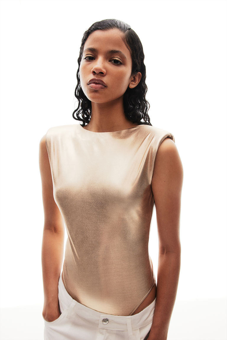 Shimmery Metallic Bodysuit with Shoulder Pads H&M