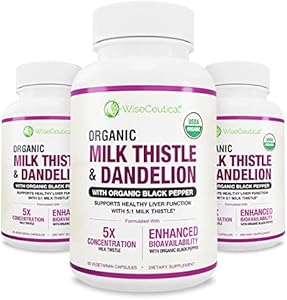 Max Absorption USDA Organic Milk Thistle Potent 5:1 Concentrated Extract (2000mg Strength) & Organic Dandelion Root | Silymarin Antioxidant Flavonoid | Liver Support Supplement (60 Count (Pack of 1)) Wiseceutical