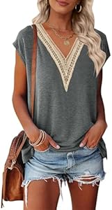 MEROKEETY Women's Casual Cap Sleeve Lace Trim V Neck Tops 2024 Summer Loose Tee Shirts Blouse Merokeety