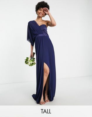Темно-синее шифоновое платье макси на одно плечо TFNC Tall Bridesmaid TFNC