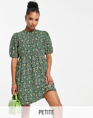 Зеленое платье мини с завязками на рукавах и цветочным принтом New Look Petite New Look Petite