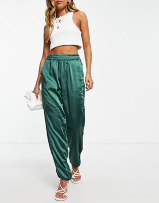 Y.A.S satin piping detail pants in dark green Y.A.S
