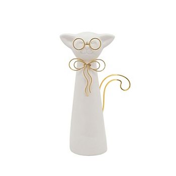 8" White and Gold Ceramic Cat Figurine with Glasses Kingston Living