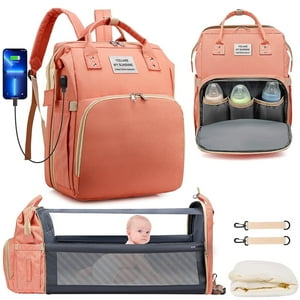 Diaper Bag Backpack, Multifunctional Baby Changing Bag with Foldable Crib & Insulated Milk Bottle Pocket, Large Capacity Travel Backpack with USB Charging Port & Stroller Strap (Pink) GPED