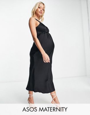 Черное атласное платье-комбинация миди в стиле бэби-долл со сборками ASOS DESIGN Maternity ASOS Maternity
