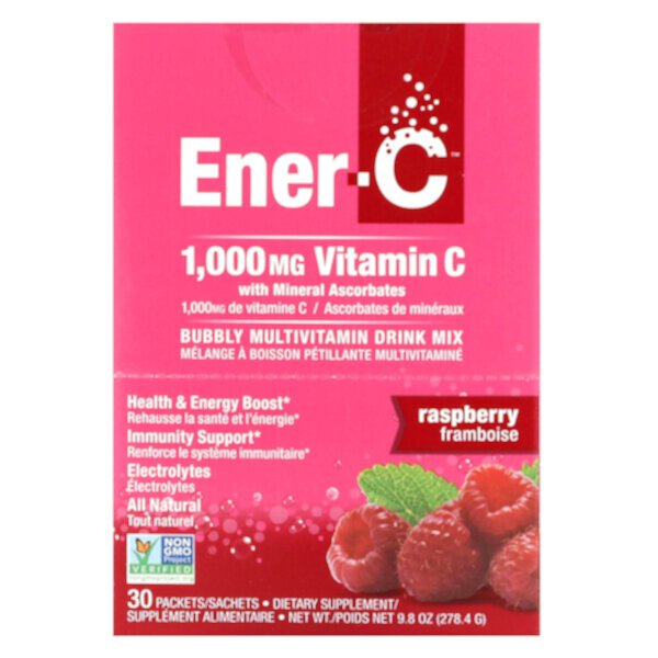 Витамин С, Мультивитаминная смесь для напитков, малина, 30 пакетиков, 9,8 унций (278,4 г) Ener-C