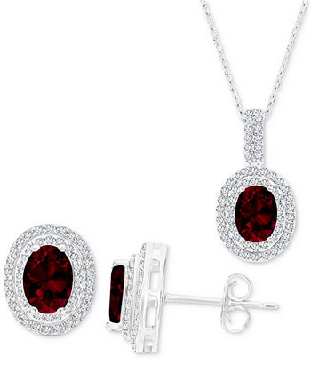 2-Pc. Set Garnet (3-1/2 ct. t.w.) & Lab-Grown White Sapphire (1-1/10 ct. t.w.) Oval Halo Pendant Necklace & Matching Stud Earrings in Sterling Silver Macy's