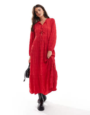 Wednesday's Girl textured tie-detail smock midaxi dress in red Wednesday's Girl