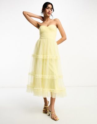 Эксклюзивное лимонное платье миди с рюшами и кружевом Lace & Beads LACE & BEADS
