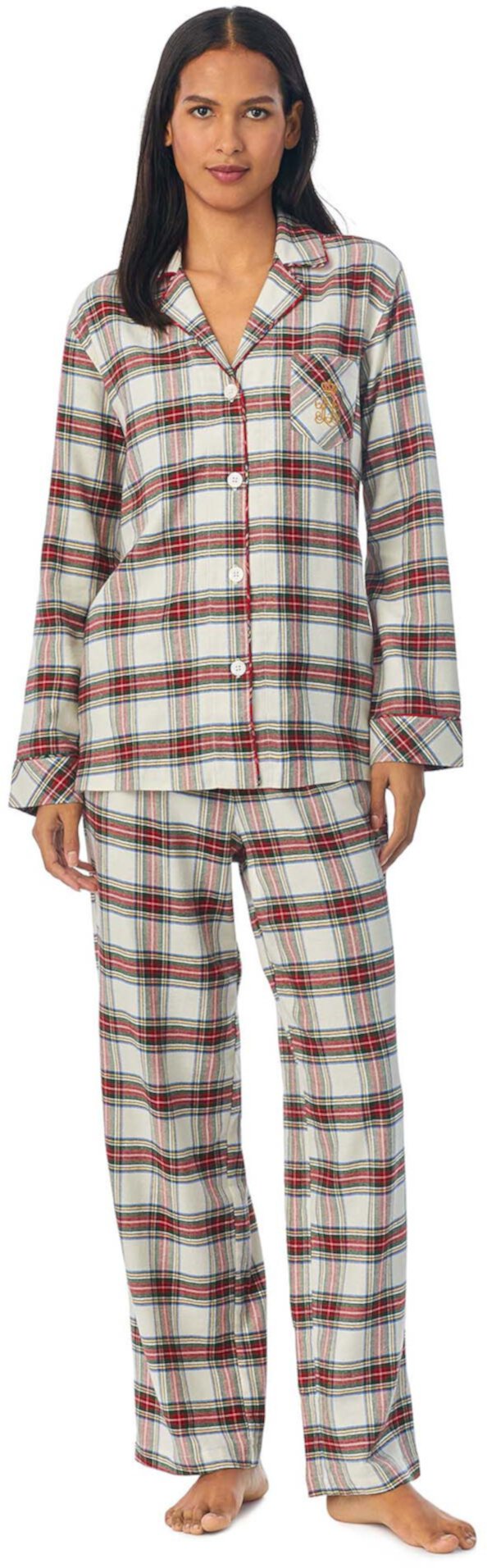 Пижамный комплект с воротником из матового твила и длинными рукавами LAUREN Ralph Lauren