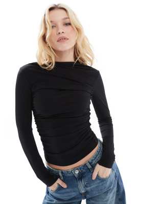 Pull&Bear high neck long sleeve top with gathering detail in black Pull&Bear