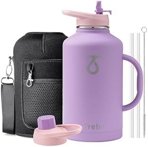 Trebo 64 oz Water Bottle Insulated with Handle, Half Gallon Stainless Steel Metal Large Jug, Travel Flask with Straw Spout Lid, Mug Tumbler Cup with Carry Pouch, Keep Cold Hot, Indigo Black Trebo