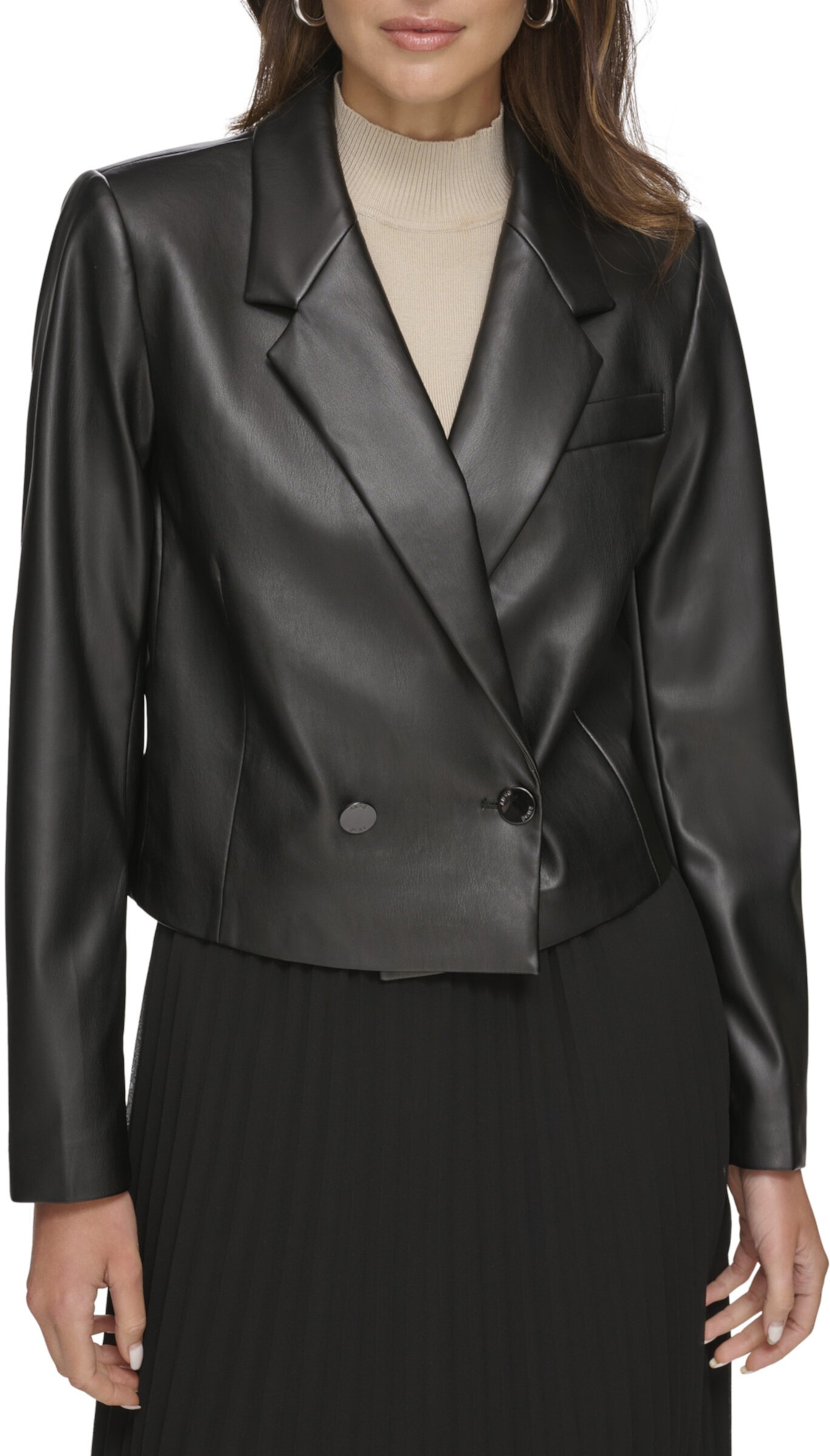 Укороченный кожаный пиджак с длинными рукавами DKNY