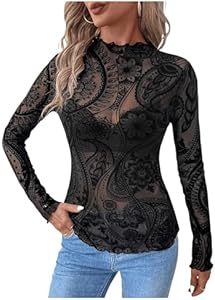 Floerns Women's Elegant Paisley Long Sleeve T Shirt Mock Neck Sheer Mesh Tops Floerns