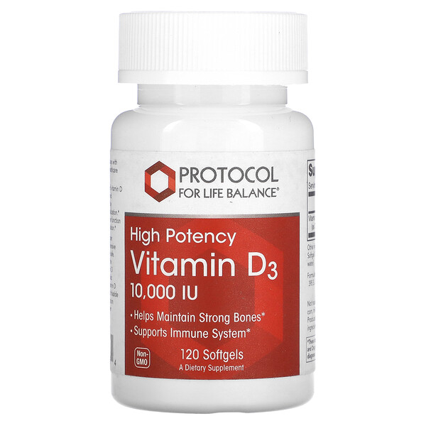 Витамин D3, Высокая активность, 10,000 МЕ, 120 мягких капсул - Protocol for Life Balance Protocol for Life Balance