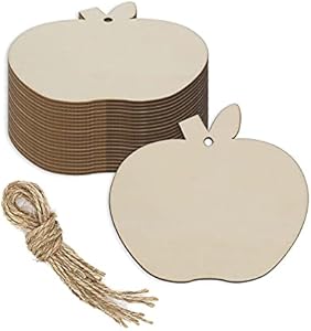 JANOU 20pcs Apple Shape Unfinished Wood Cutouts DIY Crafts Blank Hanging Tags Ornaments with Ropes for Wedding Birthday Christmas Party Decoration, 3.94x3.54 in Janou