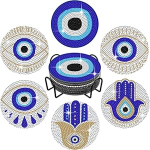 Tucocoo 6 Pcs 5D Diamond Paintings Coasters Kits with Holder,Blue Evil Eye DIY Diamond Coasters Kit Accessories, Hamsa Hand Diamond Painting Kits for Beginners Adults Craft Supplies Boho Home Decor Tucocoo