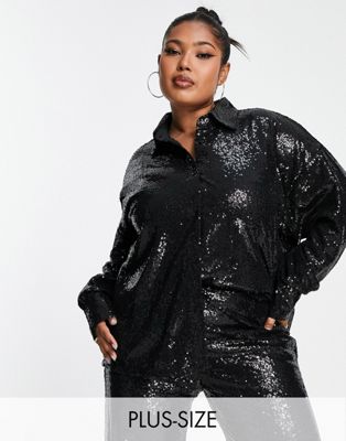 In The Style Plus Exclusive sequin oversized shirt in black - part of a set In The Style Plus