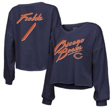 Women's Majestic Threads Justin Fields Navy Chicago Bears Name & Number Off-Shoulder Script Cropped Long Sleeve V-Neck T-Shirt Majestic Threads