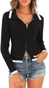 ZAFUL Women's Zip Up Sweater Long Sleeve Polo V Neck Ribbed Knit Slim Cropped Sweater Pullover Jumper Tops Zaful