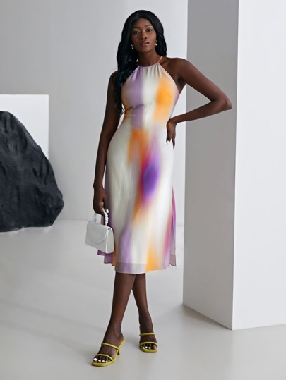 MOTF X KANDINSKY INSPIRED Платье 100% из шелка миди халтер MOTF