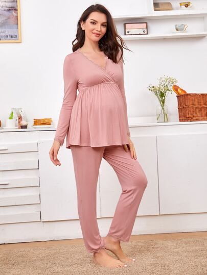SHEIN Пижама с кружевной отделкой и v-образным воротником для беременных SHEIN