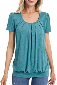 DJT Women's Short Sleeve Summer Tops Scoop Neck Pleated Front Casual Tee T Shirt Djt